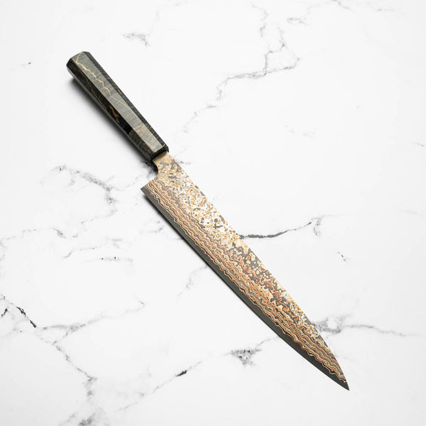 Takeshi Saji VG10-W Nashiji Rainbow Damascus Sujihiki 240mm - Dark Maple
