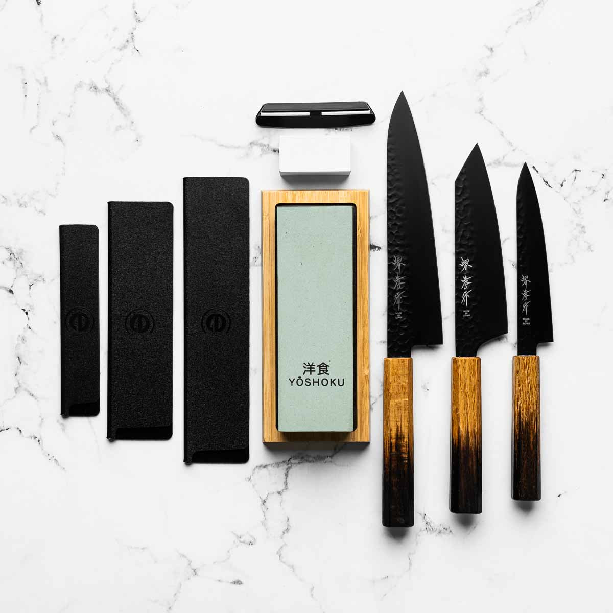 Sakai Takayuki Kurokage Burnt Oak 3 Knife Set - 1000/3000 Whetstone