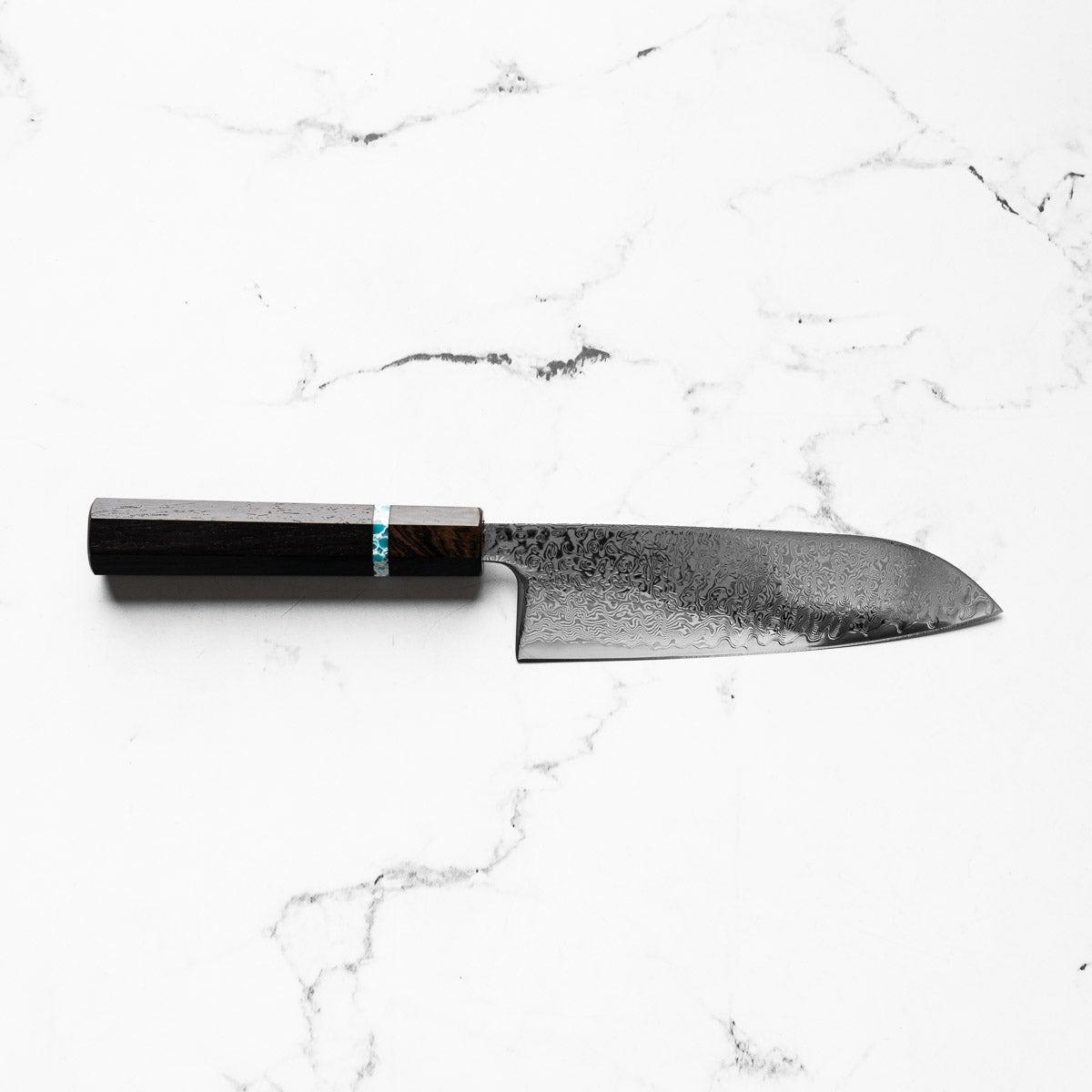 Tsunehisa SRS13 Damascus Santoku - Ebony Blue Ring