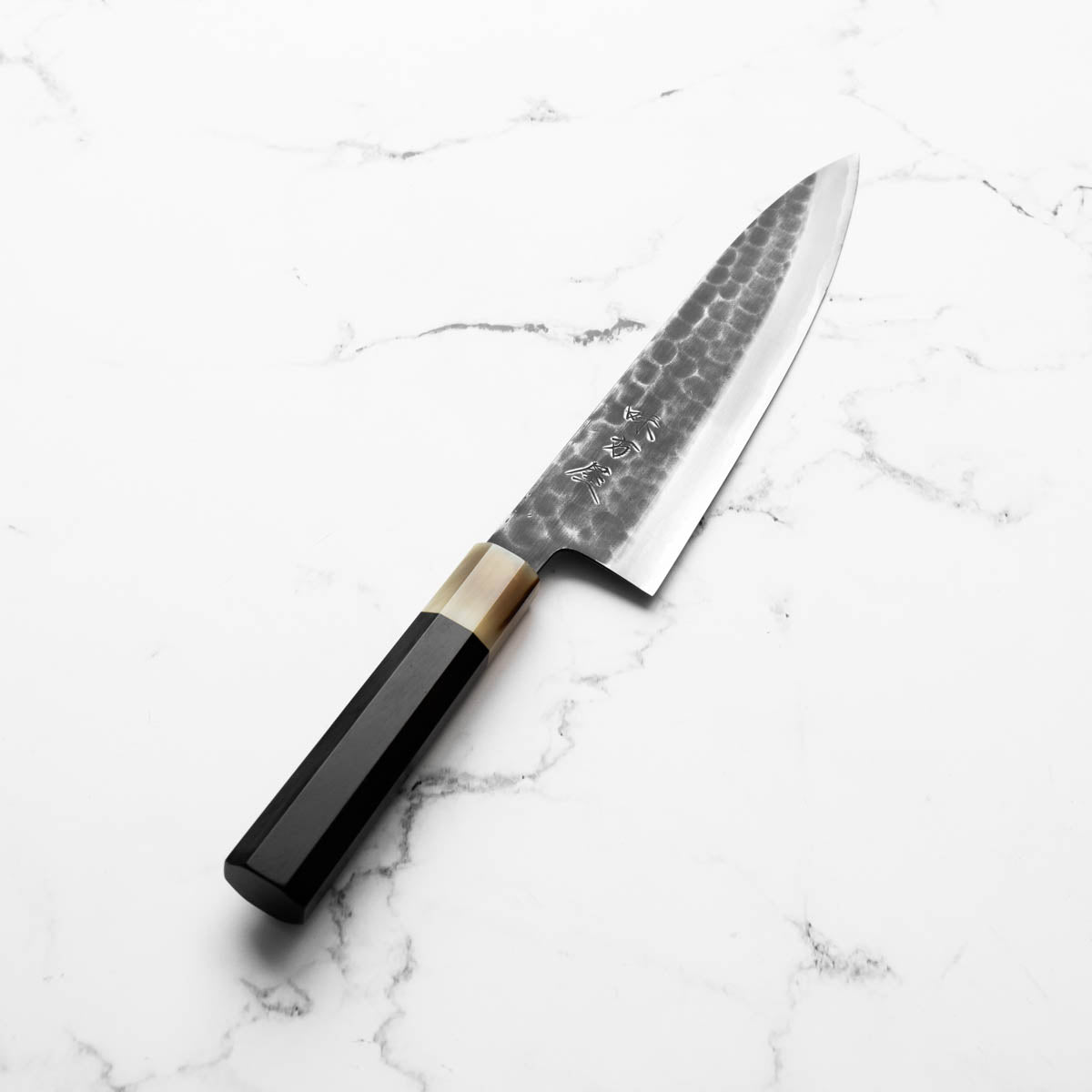 Mutsumi Hinoura Ajikataya White 2 Tsuchime Gyuto 210mm - Ebony & White Horn