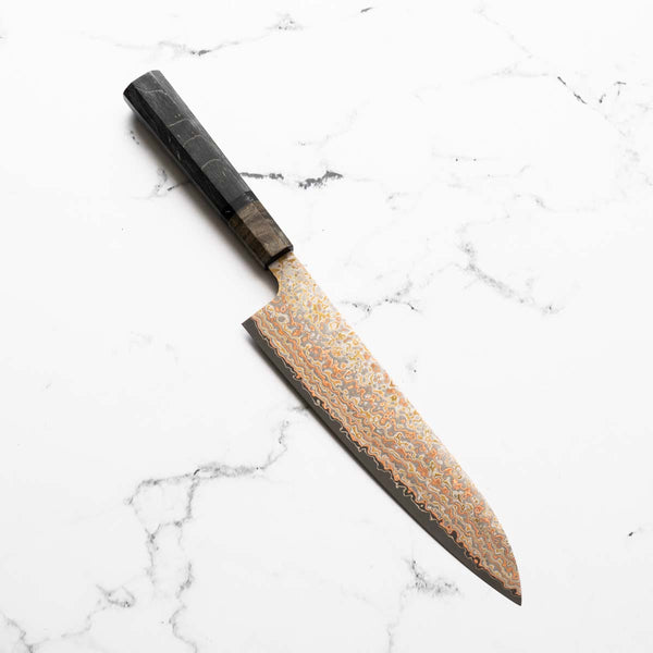 Takeshi Saji VG10-W Nashiji Rainbow Damascus Gyuto 210mm - Dark Maple